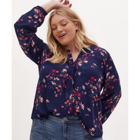 Torrid Top Floral Blouse Long Sleeve Blouse V-Neck Blouse Women 2X Blue Pintuck - Picture 6 of 9